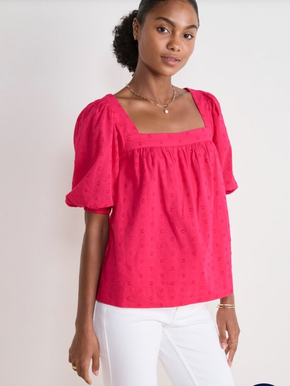 Vineyard Vines Serena Dobby Top Square-Neck Puff Sleeve Top in Bright Pink XL